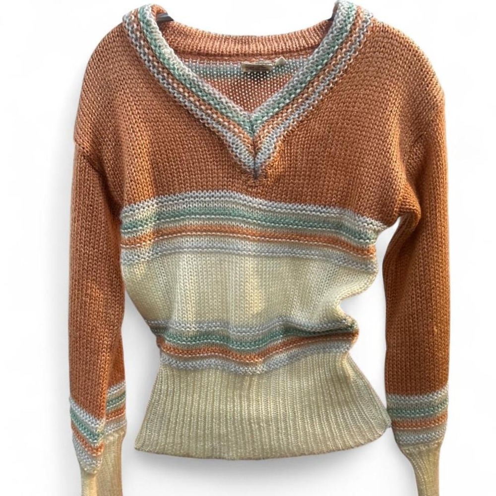 Vintage 1970s knit Orange and cream striped sweater by Daddy's Money size L (L5)